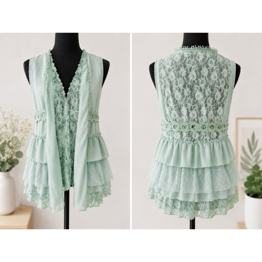 Rue21 Womens Mint Green Lace Tiered Ruffle Vest Sleeveless Open Front Small